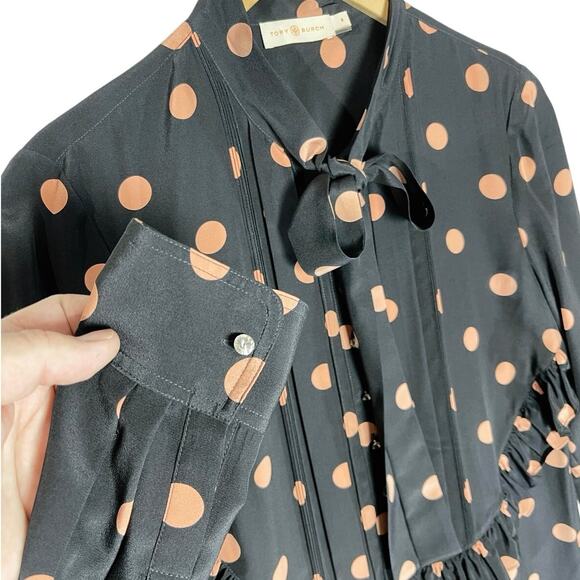 TORY BURCH Women’s 100% Silk Black Polka Dot Belted Ruffle Front Dress - Picture 6 of 8